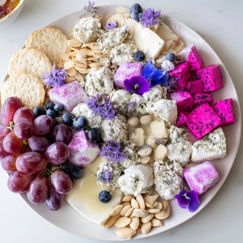Lavender Haze Dreamscape cheese board, with creamy cheeses, vibrant fruits, and pastel candies, ready to enjoy.