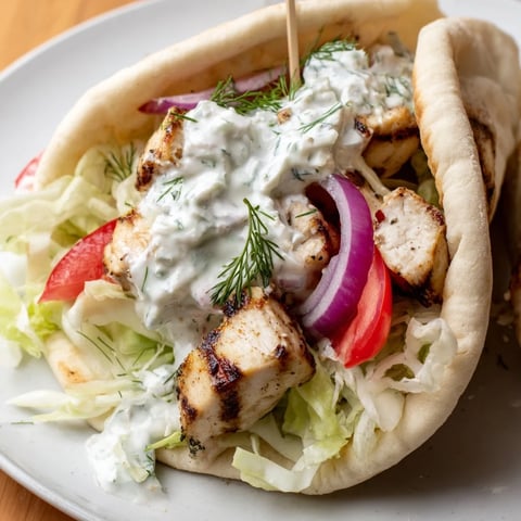 Smoky grilled Greek Chicken Souvlaki Wraps filled with colorful vegetables and a creamy tzatziki sauce.
