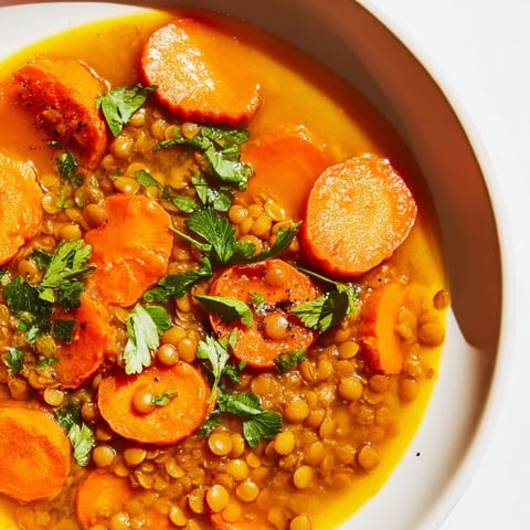 Steaming bowl of Spiced Carrot Lentil Soup, vibrantly orange, garnished with fresh cilantro and ready to eat.