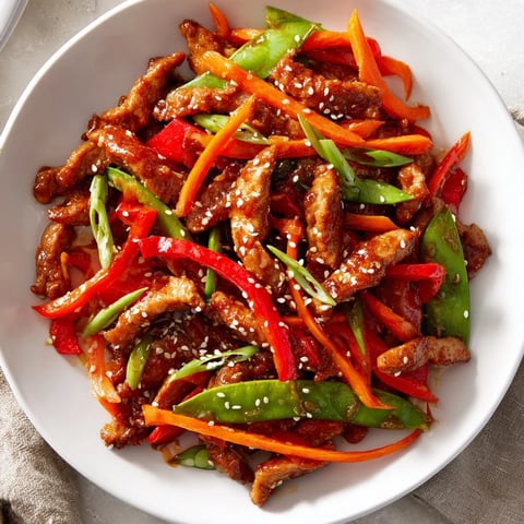 Sweet teriyaki pork stir-fry glistens with a savory sauce, vegetables, and tender pork slices.