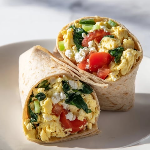 Feta egg wrap filled with creamy feta, tomatoes, and spinach, perfect for a quick breakfast.