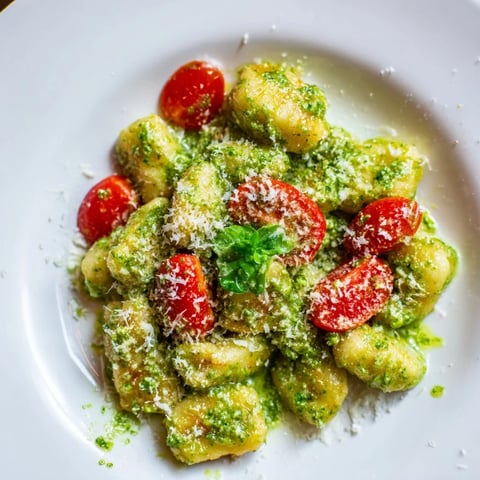 Golden, crispy gnocchi with pesto, cherry tomatoes, and Parmesan promise a flavorful Italian dinner waiting.