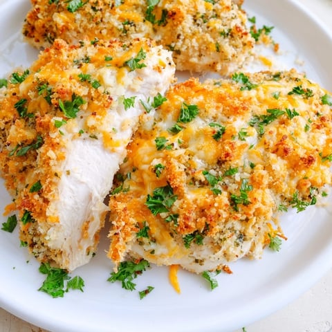 Golden-brown Cheesy Baked Chicken Breast, bubbling with melted cheese and ready to serve with sides.