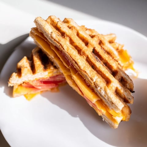 Golden, crispy Waffle Grilled Cheese with melted cheddar and toasted bread, a comforting lunch.
