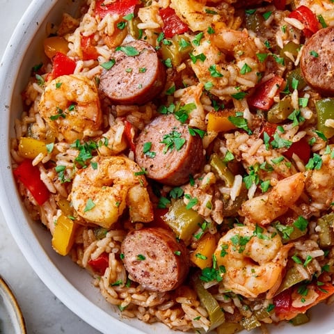 Skillet Jambalaya features a colorful mix of shrimp, sausage, and veggies, ready to enjoy.