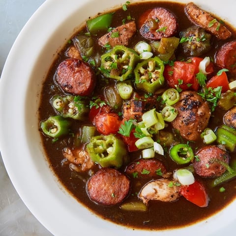 Steaming bowl of Gumbo Okra Soup, filled with chicken, sausage, and vegetables, ready to serve.
