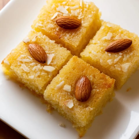 Golden brown Basbousa cake, a moist semolina delight, soaked in sweet, fragrant syrup.
