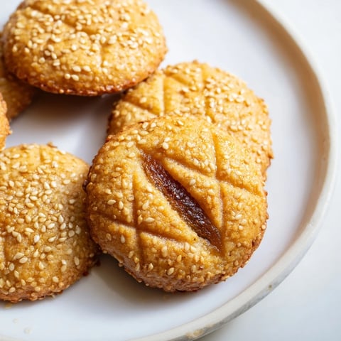 Close-up of golden Tunisian Makroudh cookies, showing their crispy semolina crust and sweet date filling.