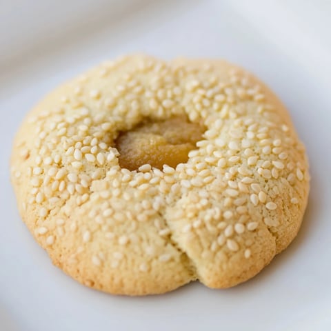 Golden Palestinian Kahk cookies, filled with sweet date paste, and coated with toasted sesame seeds.