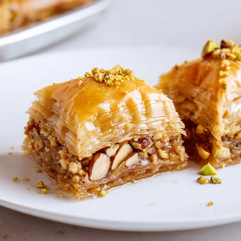 Golden, flaky layers of Turkish baklava glistens with a sweet honey syrup, ready to eat.