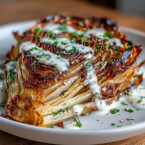Golden roasted cabbage steaks with a creamy tahini drizzle, ready to serve.