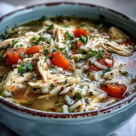A close-up view of a steaming bowl of Cozy Winter Chicken and Rice Soup, featuring tender shredded chicken and vibrant sliced carrots and celery in a clear golden broth.