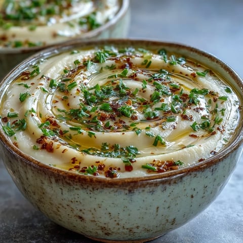 A bowl of Roasted Garlic and Herb Soup garnished with fresh chives and parsley, next to crusty bread for dipping.