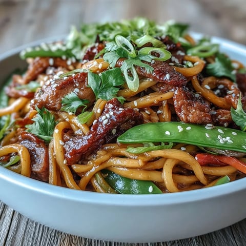 Sizzling Pork Noodle Stir-Fry with tender pork, crisp bell peppers, and egg noodles tossed in savory sauce in a hot wok.