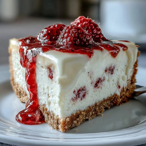 Creamy white chocolate raspberry cheesecake with a buttery graham cracker crust, garnished with fresh berries.