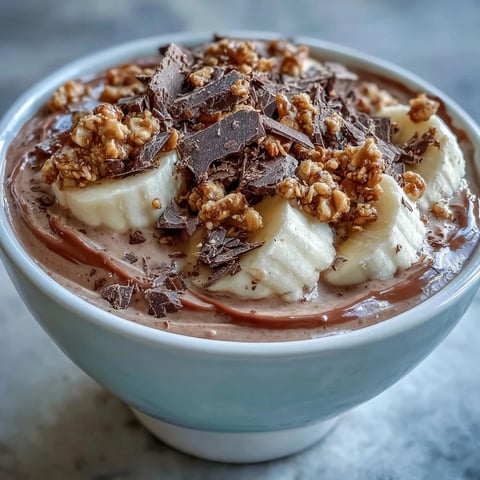 Creamy Chocolate Peanut Butter Smoothie Bowl topped with sliced banana, granola, and a rich peanut butter drizzle.