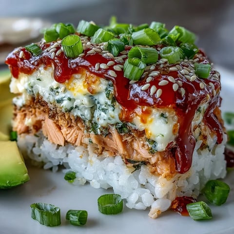 Freshly baked Spicy Salmon Sushi Bake with melted cheese and avocado garnish.