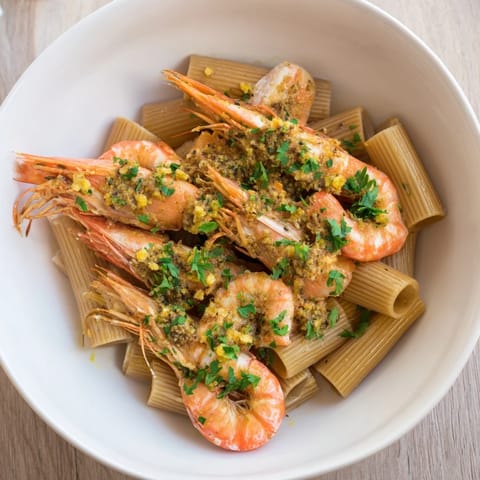A light bowl of Light & Bright Lemon Herb Shrimp Scampi, brimming with fresh herbs and lemon wedges.