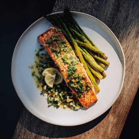 Golden-seared Skillet Lemon-Butter Salmon with tender asparagus, ready for a delicious dinner.