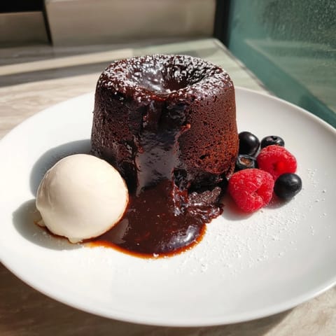 A close-up of rich cocoa-warm dark chocolate lava cakes, flowing with a delicious, dark center.