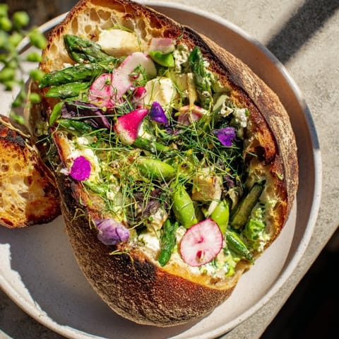 Golden toasted bread layered with creamy herbed cheese and fresh garden vegetable tartines.