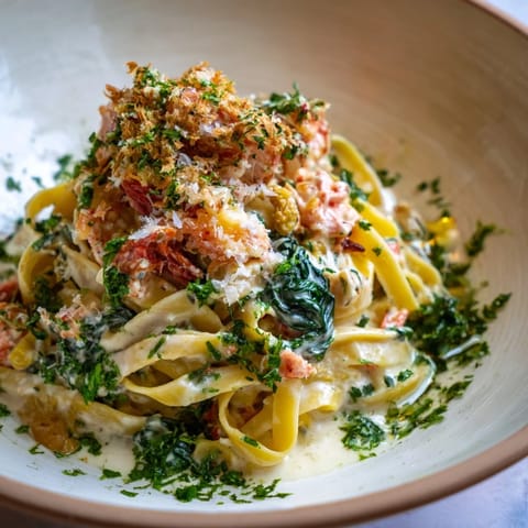 Close-up of One-Pot Creamy Tuscan Garlic Herb Pasta; tender pasta in a rich, velvety sauce.