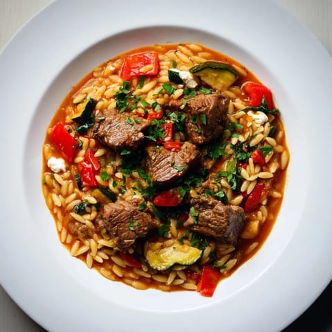 Vibrant image of the Smoky Mediterranean Lamb and Orzo Supper, a hearty meal with tender lamb and pasta.