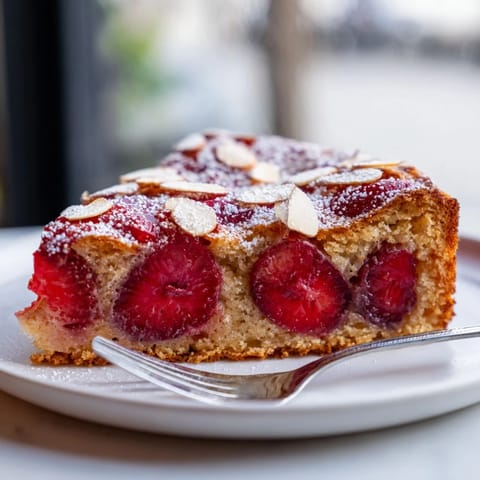 A slice of delightful soft sweet plum-infused almond cake, served with sugared plums, perfect for dessert.