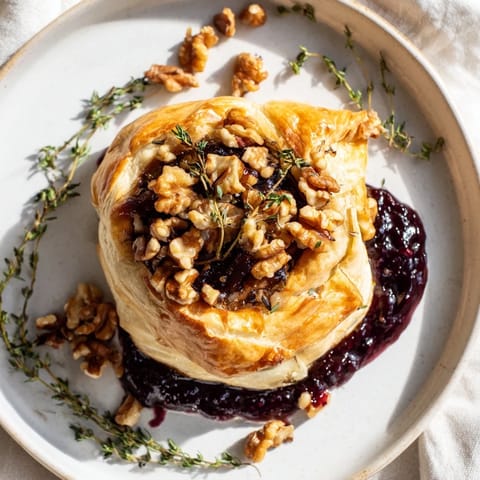 Melted Brie cheese with a sweet fig jam center, wrapped in flaky, golden-brown puff pastry.