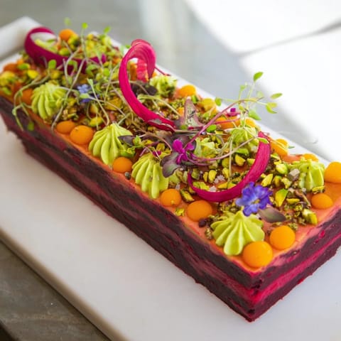 A vibrant Modernist Stripe appetizer features a striking stripe of beet purée and carrot swirls.