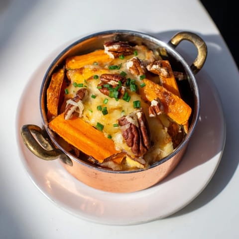 Warm, golden Copper Penny Warmth with sweet potatoes, apricots, and a generous layer of melted cheddar cheese.