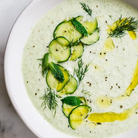 Cool, refreshing bowl of chilled cucumber garlic soup, perfect for a light summer lunch.