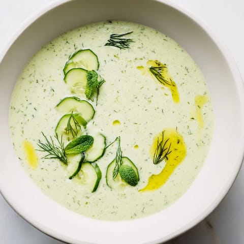 Creamy chilled cucumber garlic soup garnished with fresh dill, ready to eat on a hot day.