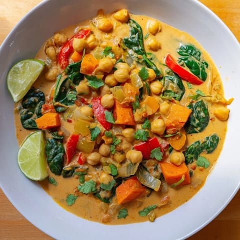 A vibrant close-up of the delicious Chickpea Curry, boasting a creamy coconut milk base with tender chickpeas.