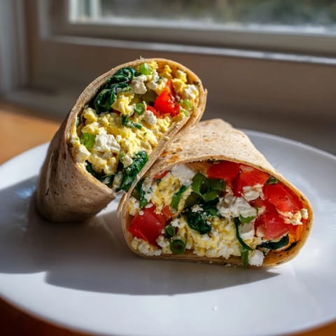 Golden, fluffy feta egg wrap ready to eat, bursting with fresh vegetables and flavorful feta.