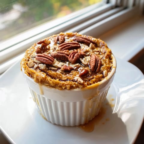 A golden ramekin of pumpkin spice baked oats, inviting with a cake-like, spiced aroma.
