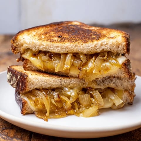 Buttery, toasted slices hold a mountain of savory Caramelized Onion and Gruyère Grilled Cheese inside.