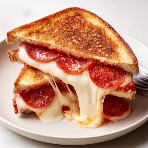 Savory pepperoni peeks from a golden Pizza Grilled Cheese sandwich, served with marinara for dipping.