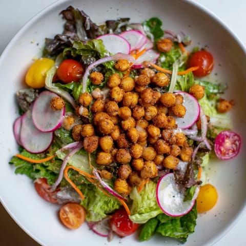 Golden, crisp chickpea croutons generously topping a vibrant Mixed Greens Salad for a hearty, healthy meal.