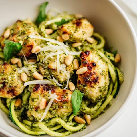 A close-up of the Pesto Zucchini Chicken Bowl, with fresh basil garnish and lemon juice adding brightness.