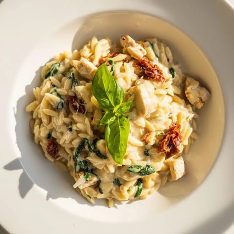 A close-up of Tuscan Chicken Orzo in a skillet, revealing tender chicken, garlic, and melty Parmesan sauce.