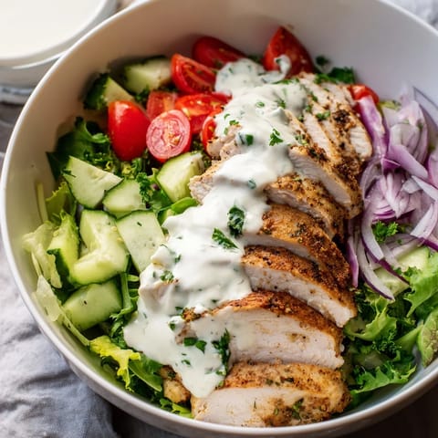 Healthy Chicken Shawarma Salad Bowl featuring tender, cumin-spiced chicken atop mixed greens, diced cucumbers, cherry tomatoes, and zesty yogurt garlic dressing.