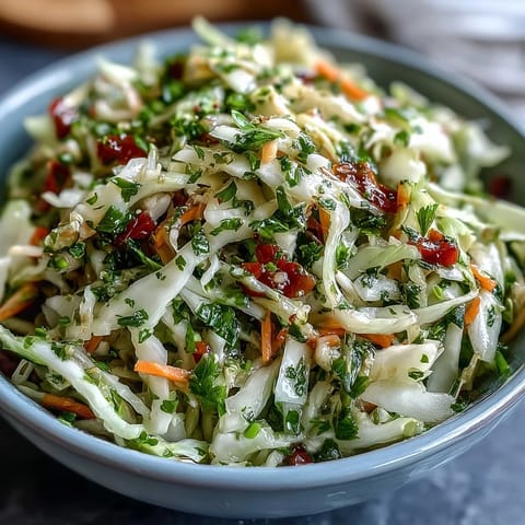 A close-up of Sauerkraut Slaw featuring crunchy fermented cabbage and red bell peppers, ready to serve as a vibrant side dish.  
