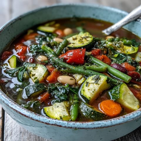 A steaming bowl of Italian Herb Vegetable Soup, showcasing zucchini, carrots, and tomatoes, garnished with fresh parsley and thyme.