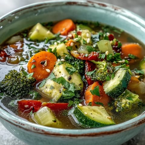 Hot ginger vegetable soup with colorful broccoli, carrots, and zucchini in a cozy bowl, ready to enjoy.