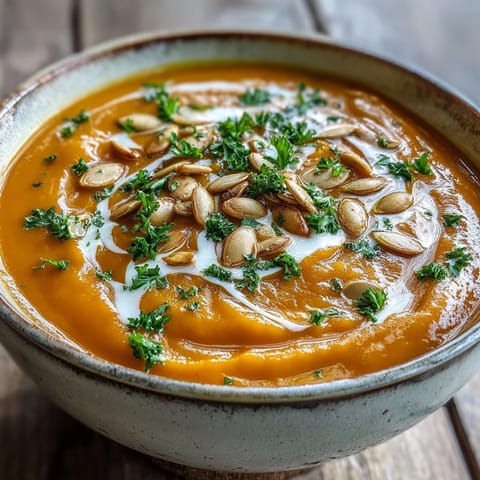 Creamy pumpkin soup with warm spices served alongside crusty artisan bread for dipping.