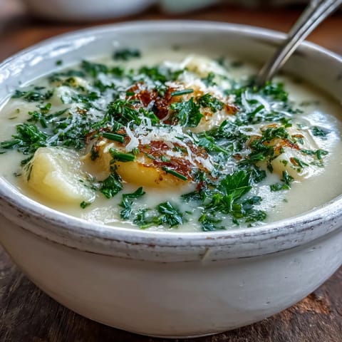Creamy Garlic and Herb Soup with fresh parsley garnish, served warm in a rustic bowl.