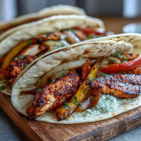 Freshly cooked Easy Chicken Fajitas topped with cilantro and lime wedges on a rustic wooden table.