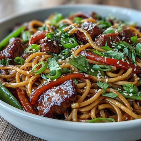 Close-up of a vibrant Pork Noodle Stir-Fry, garnished with sesame seeds and spring onions, served on a white plate for dinner.