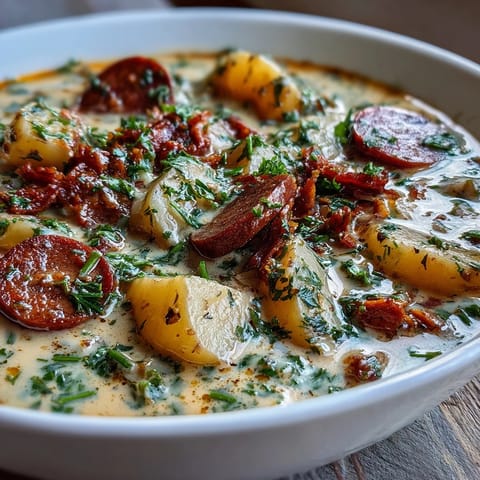 Rustic pot of Potato, Leek and Chorizo Soup featuring creamy potatoes, sweet leeks, and smoky chorizo slices.
